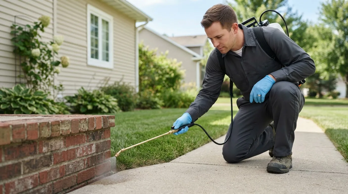 Pest control technician treating a home near Bluff City, AR